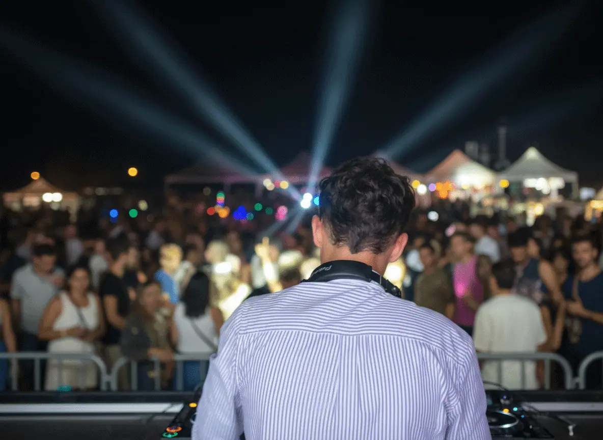 Axel aux platines face à la foule, faisceaux dans la nuit
